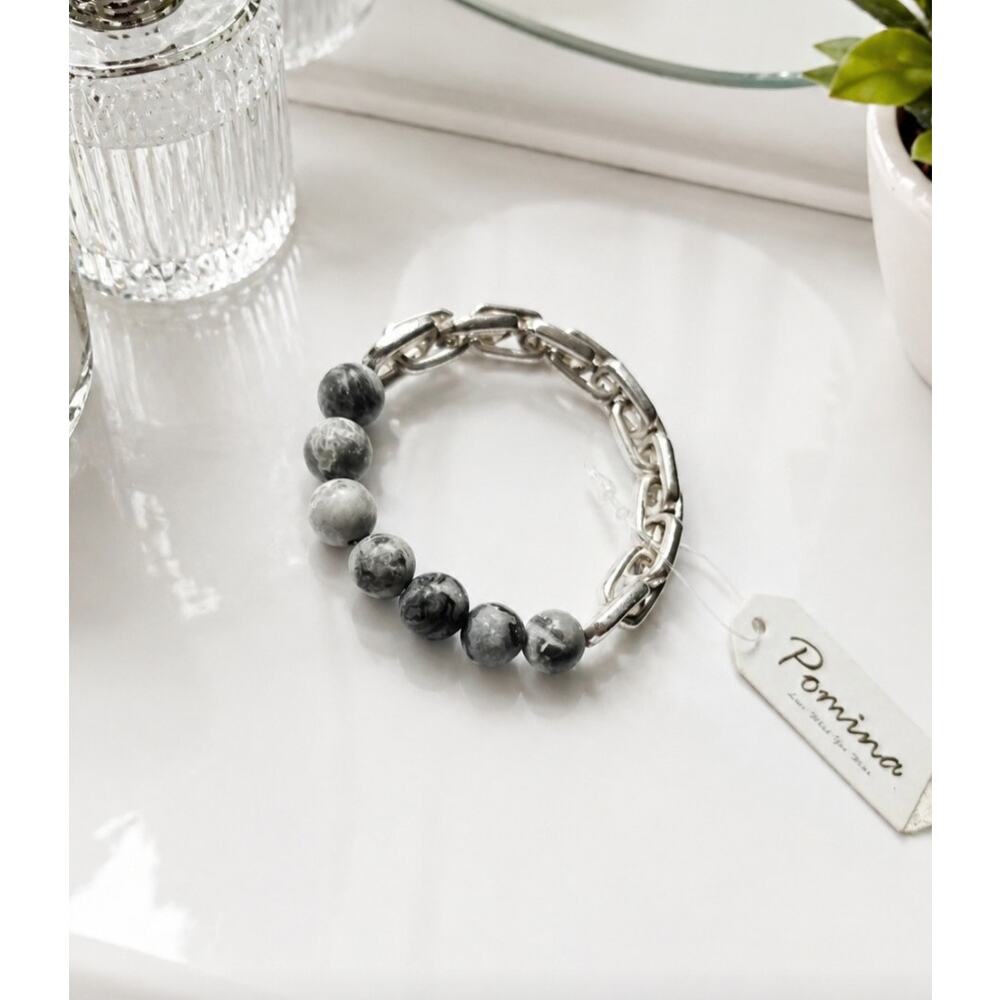 Pomina Dilver Gray Marble Stone  Beaded Stretch Bracelet New